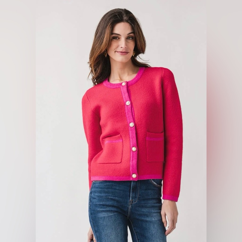 Fate Colorblock Sweater Cardigan, Small / Red/ Hot Pink